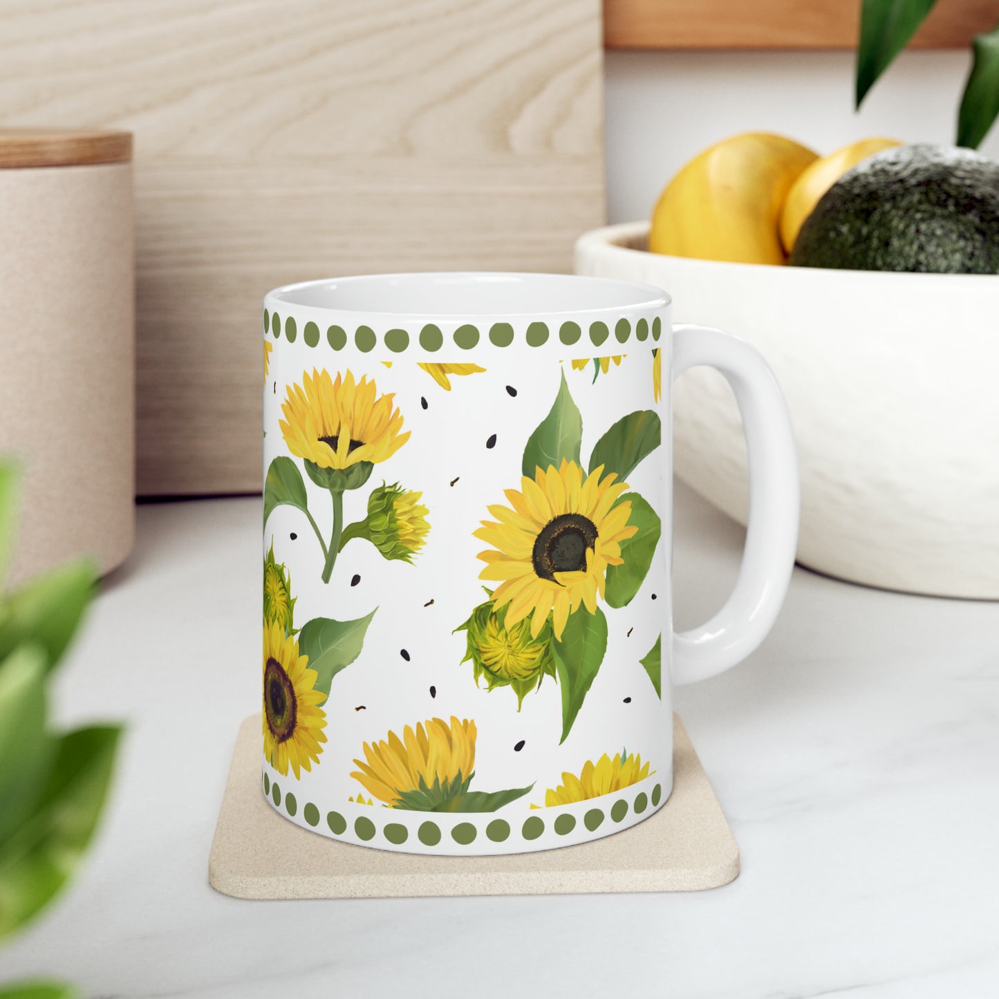 Ceramic Mug, 11oz - Sunflowers with Dots