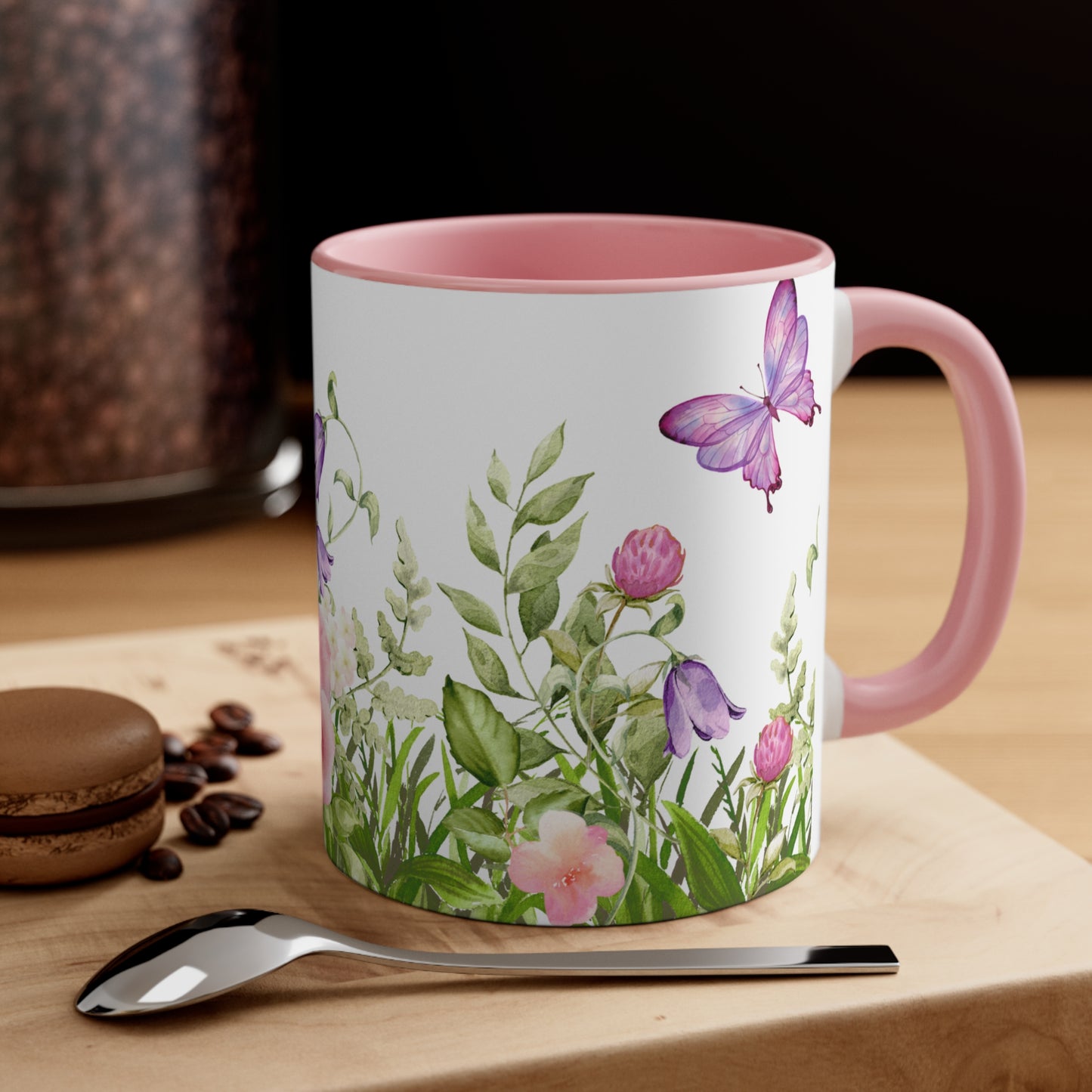 Ceramic Accent Coffee Mug, 11oz - Pink Flowers with Butterflies